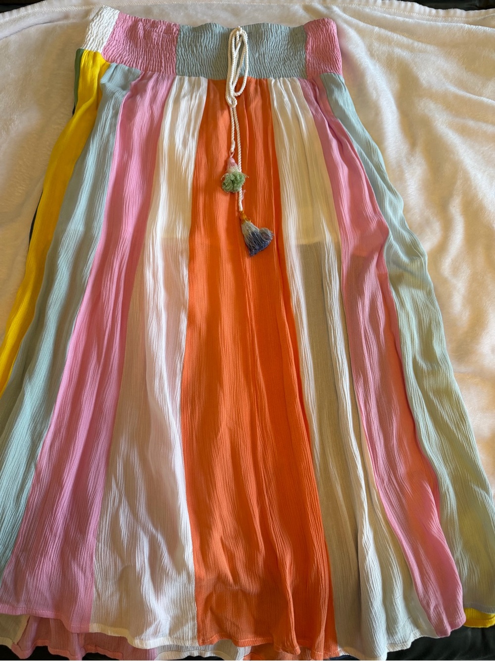Multicolor Striped Midi Skirt with Tassel Waist